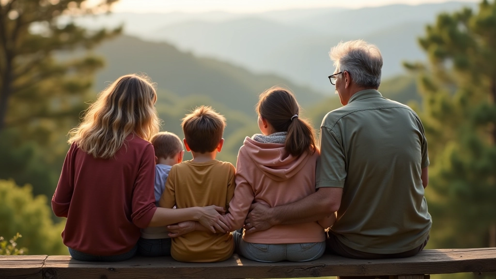 Diverse multi-generational group sitting on a hiking bench at a scenic overlook, looking at mountain landscape view together