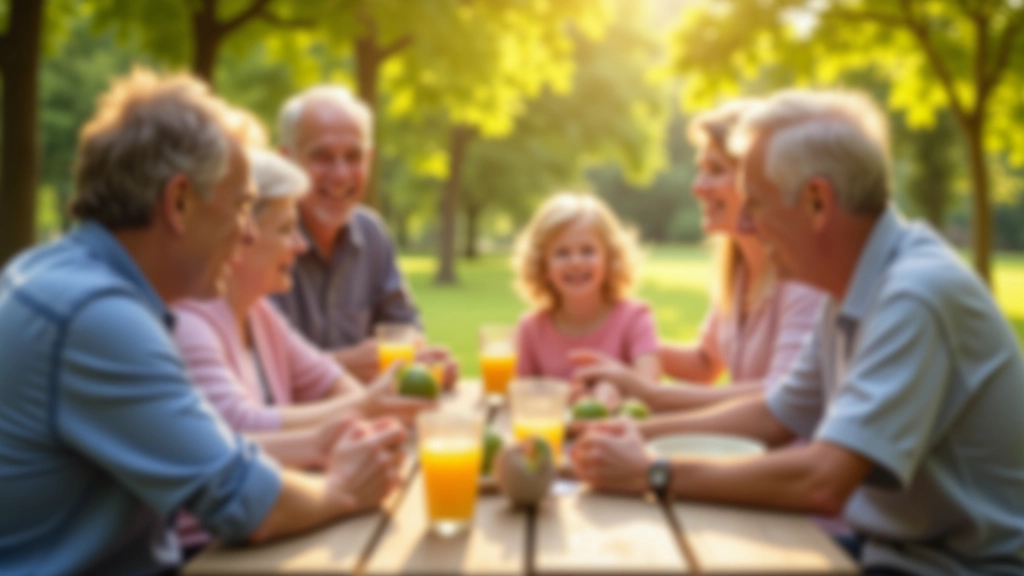 Group of family members of various ages gathered around a picnic table in afternoon sunlight, some eating, some chatting