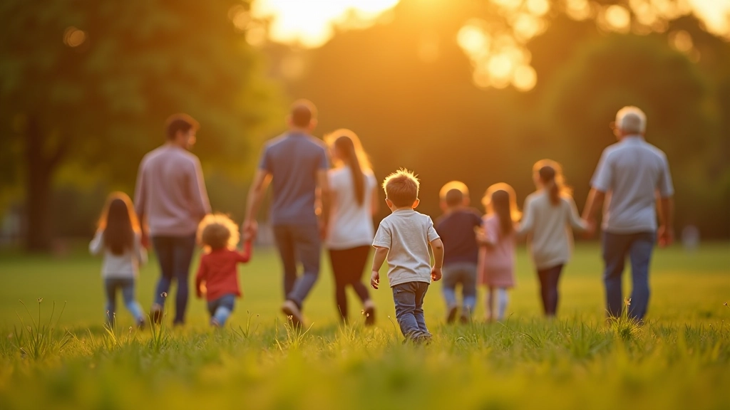 Wide angle view of an extended family group spread across a grassy area, some playing games, some seated, sunset lighting creating warm atmosphere