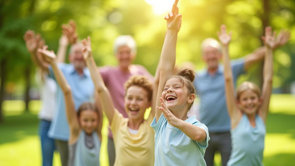 Multigenerational family group stretching together outdoors in a park setting