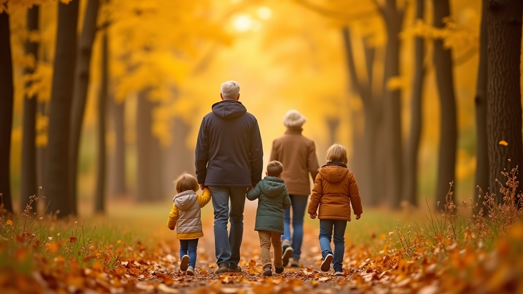 Family walking together on a nature trail in autumn forest with golden leaves on ground