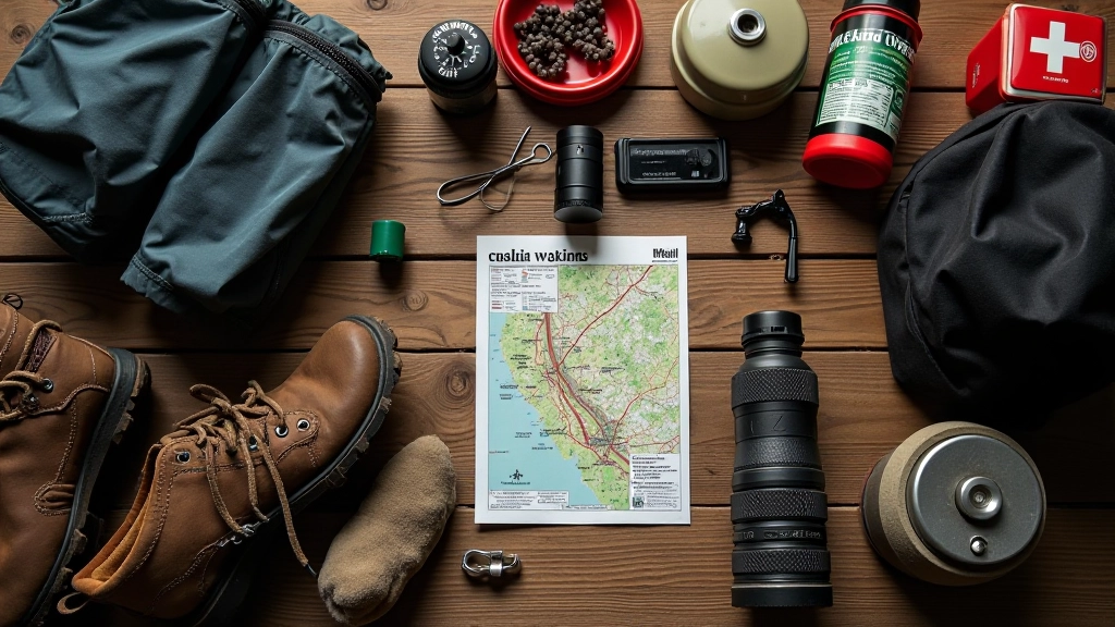 Hiking gear laid out on ground including boots, water bottle, first aid kit, map, and other essential hiking supplies organized neatly